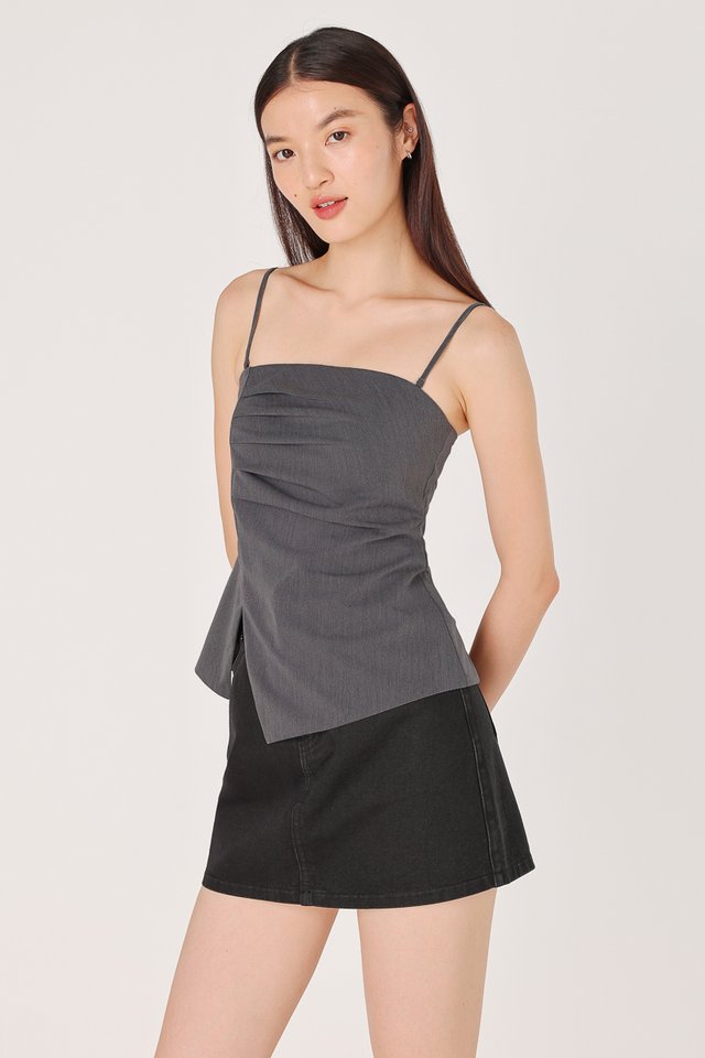 LALO PADDED ASYMMETRICAL RUCHED TWO-WAY TOP (GREY)