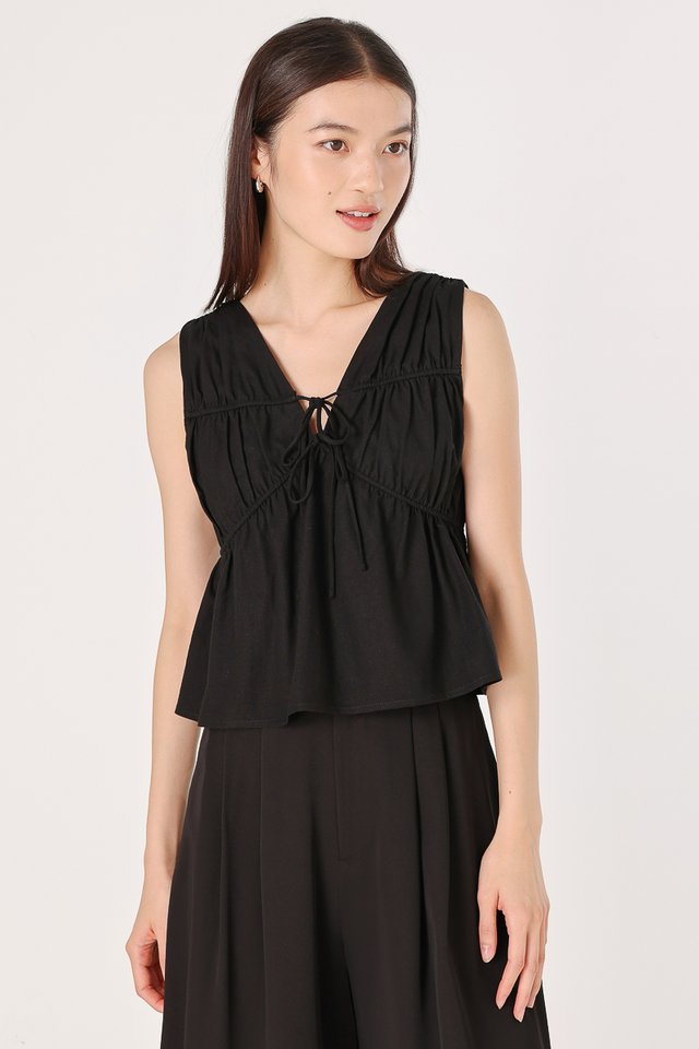 JONIE LINEN RUCHED FRONT RIBBON-TIE TOP (BLACK)