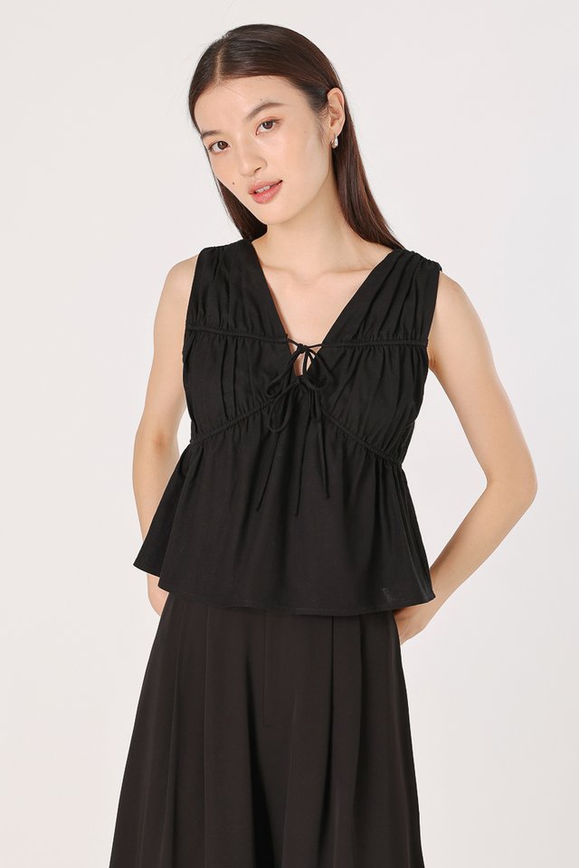 JONIE LINEN RUCHED FRONT RIBBON-TIE TOP (BLACK)