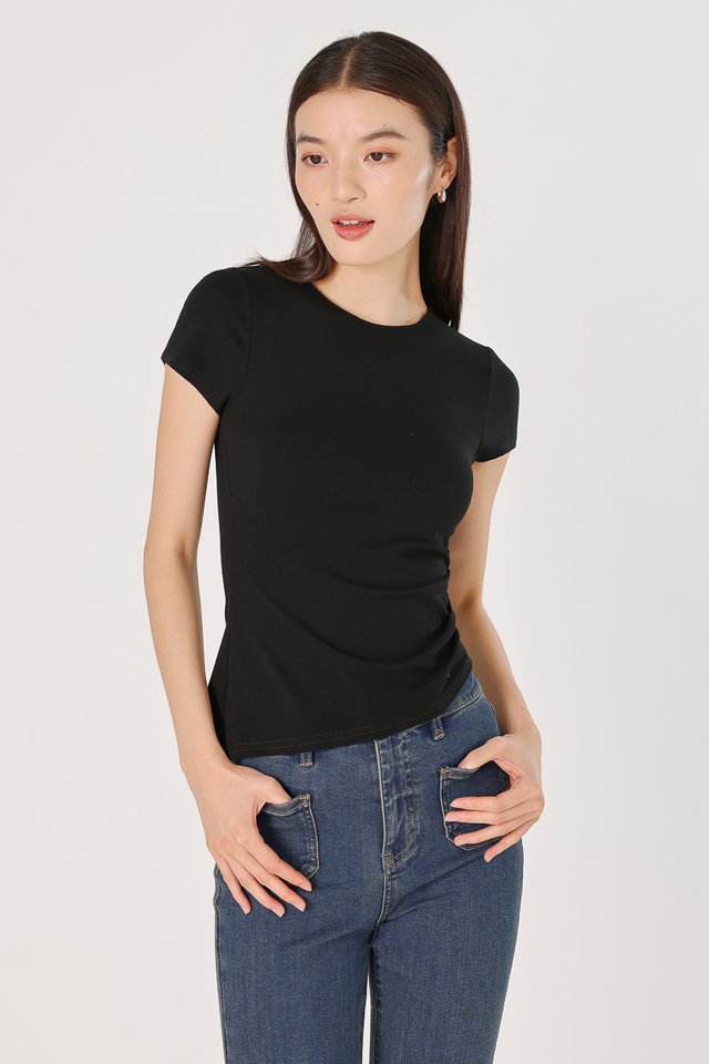 ETTA SIDE RUCHED ASYMMETRICAL SLEEVE TOP (BLACK)
