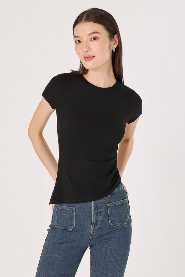 ETTA SIDE RUCHED ASYMMETRICAL SLEEVE TOP (BLACK)