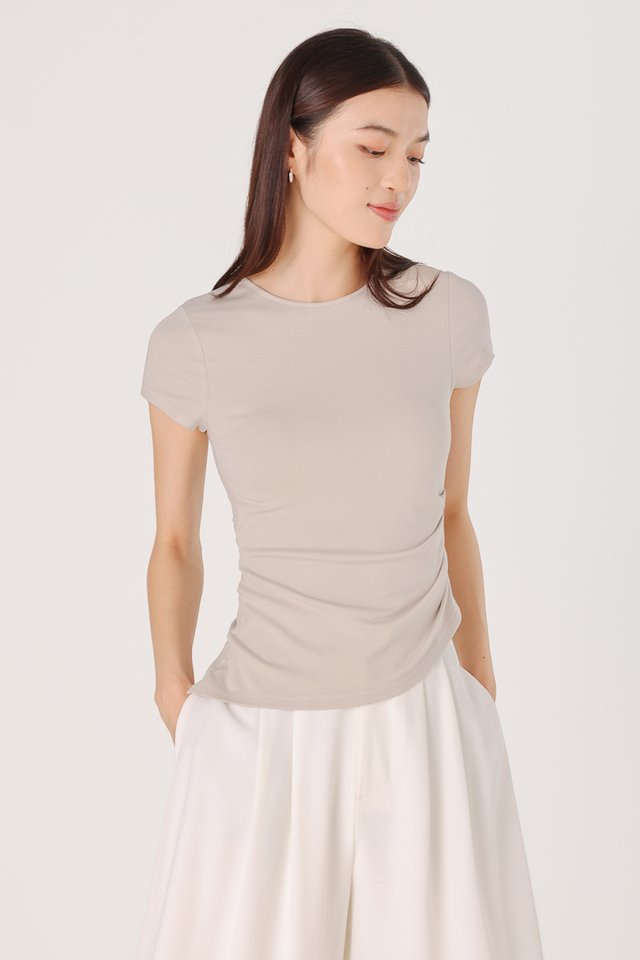 ETTA SIDE RUCHED ASYMMETRICAL SLEEVE TOP (GREIGE)
