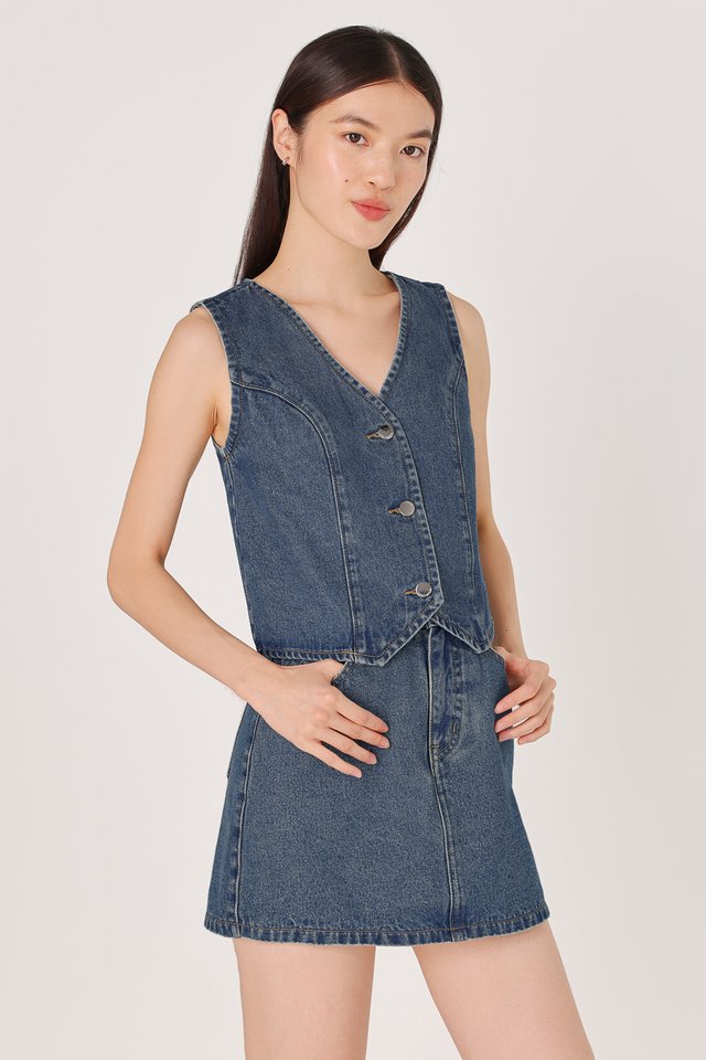 CAPTIVATE DENIM VEST SKORTS SET