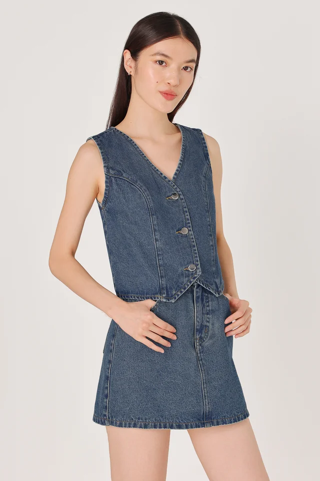 CAPTIVATE DENIM VEST SKORTS SET