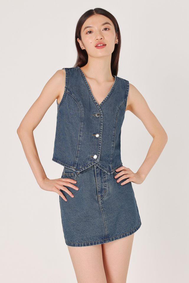 CAPTIVATE DENIM VEST SKORTS SET