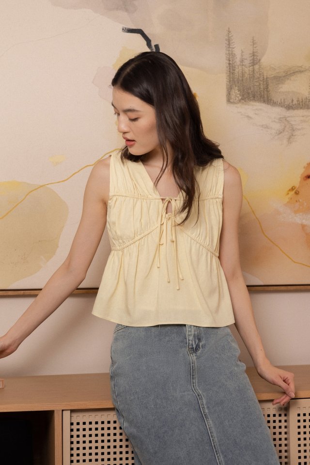 JONIE LINEN RUCHED FRONT RIBBON-TIE TOP (YELLOW)