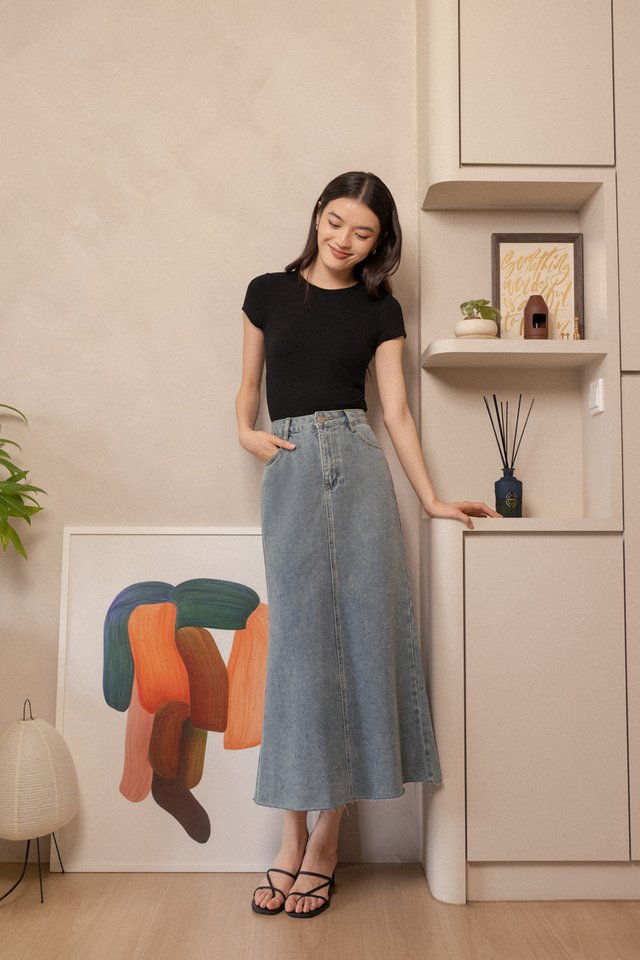 MIDNIGHT BLOOM BIAS CUT DENIM MAXI SKIRT