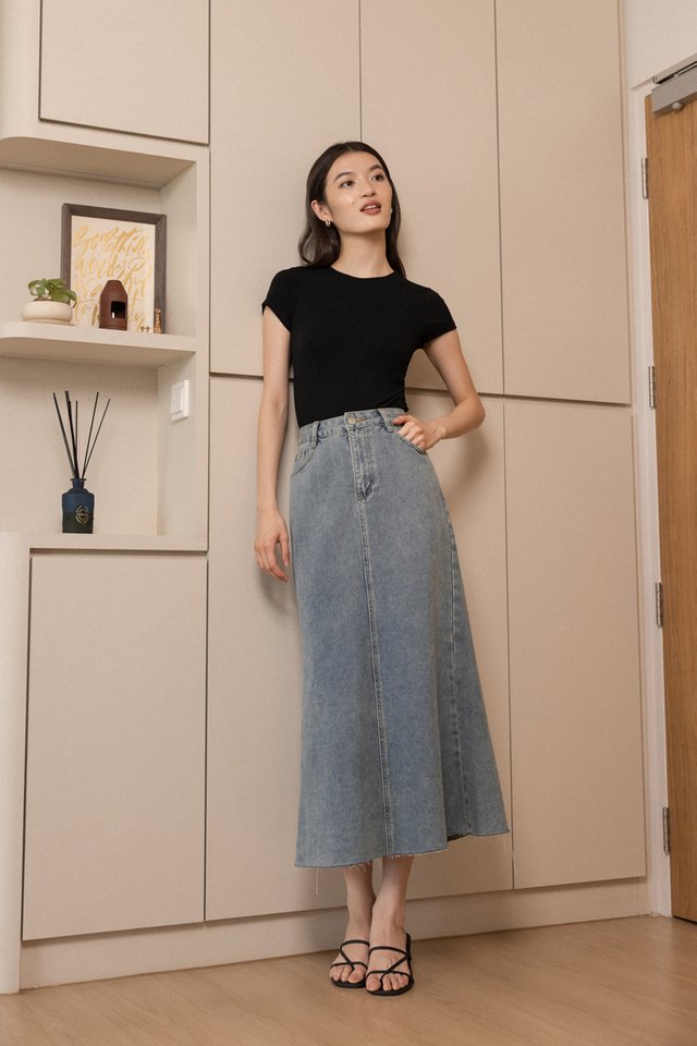 MIDNIGHT BLOOM BIAS CUT DENIM MAXI SKIRT