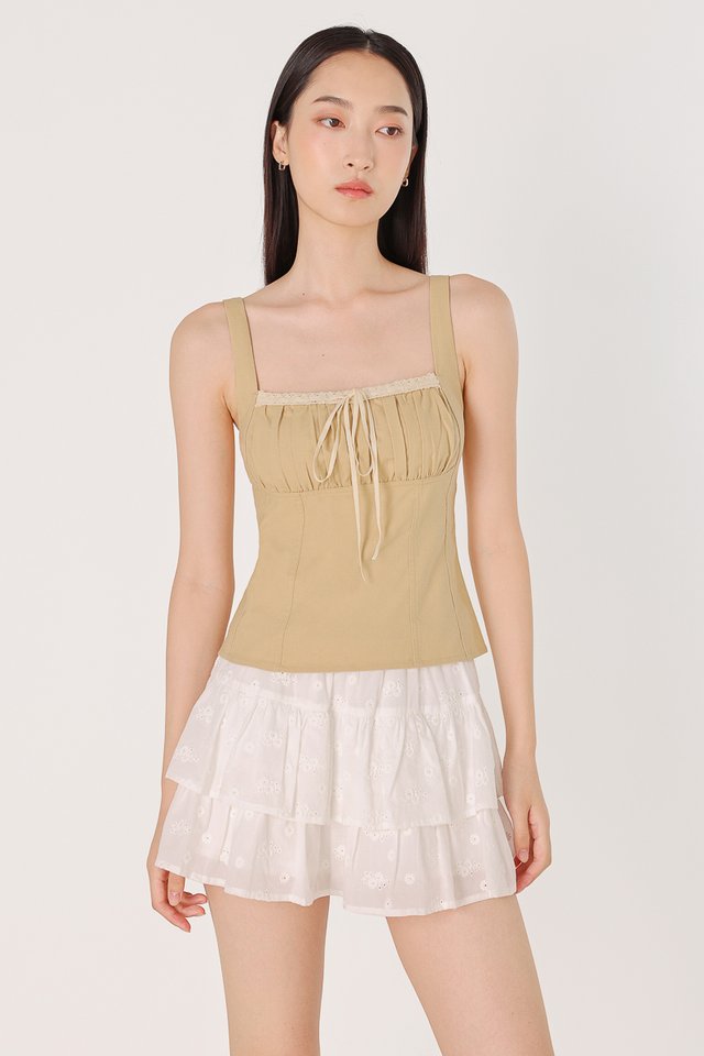 NATALIE PADDED LINEN LACE TRIM RIBBON TOP (PISTACHIO)
