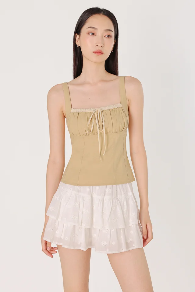 NATALIE PADDED LINEN LACE TRIM RIBBON TOP (PISTACHIO)