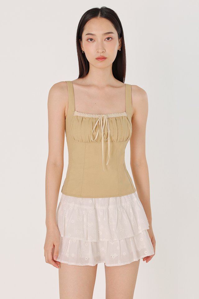 NATALIE PADDED LINEN LACE TRIM RIBBON TOP (PISTACHIO)