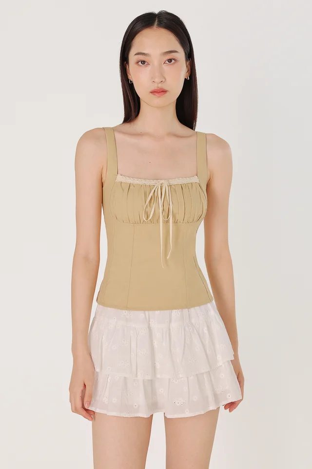 NATALIE PADDED LINEN LACE TRIM RIBBON TOP (PISTACHIO)