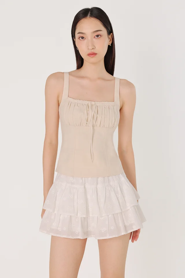 NATALIE PADDED LINEN LACE TRIM RIBBON TOP (OAT)