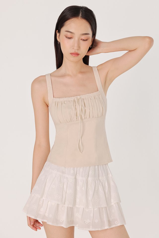 NATALIE PADDED LINEN LACE TRIM RIBBON TOP (OAT)