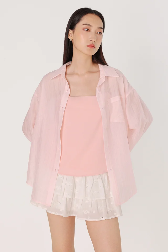ARINA TEXTURED SHEER POCKET BUTTON UP SHIRT (PINK)