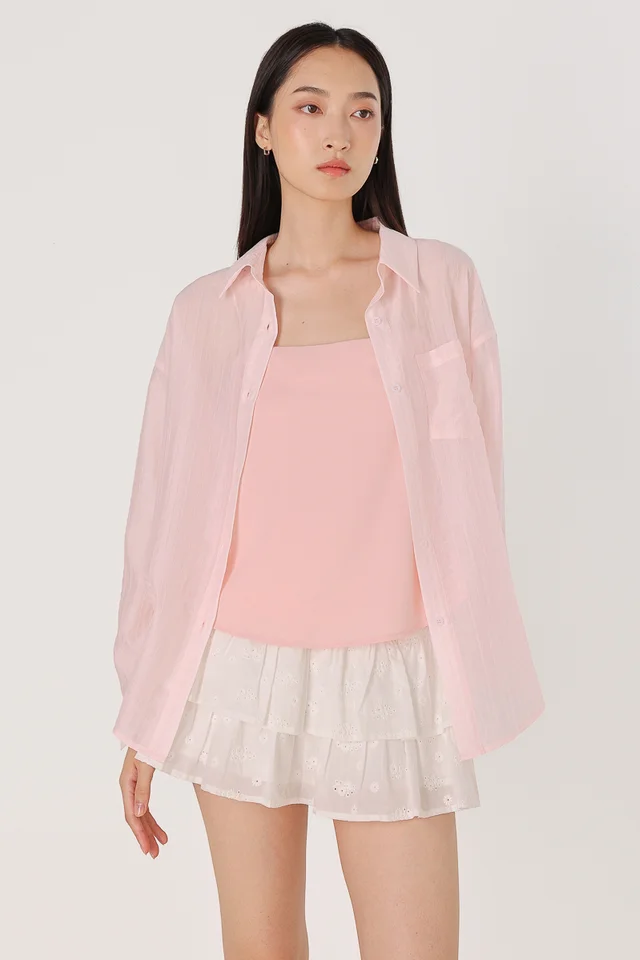 ARINA TEXTURED SHEER POCKET BUTTON UP SHIRT (PINK)
