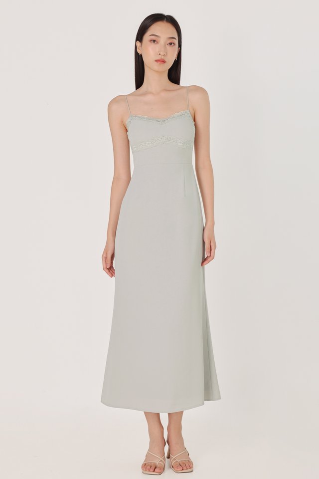 CAREY PADDED LACE TRIM MAXI DRESS (DUSK SAGE)