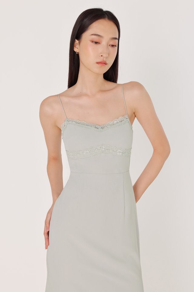CAREY PADDED LACE TRIM MAXI DRESS (DUSK SAGE)