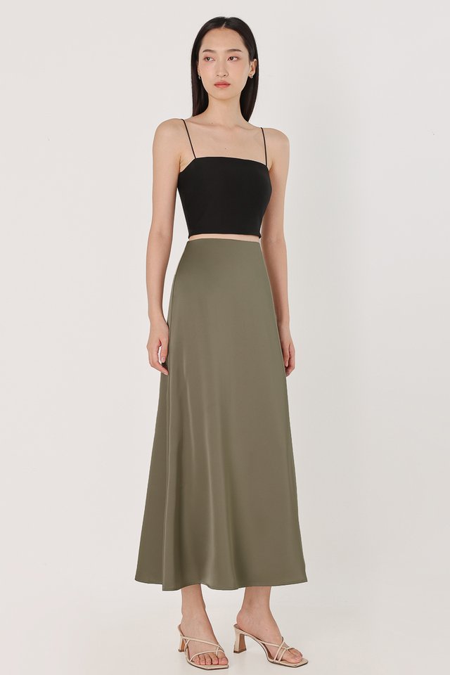 GIOVANNI SATIN BIAS CUT MAXI SKIRT - PETITE (OLIVE GREEN)
