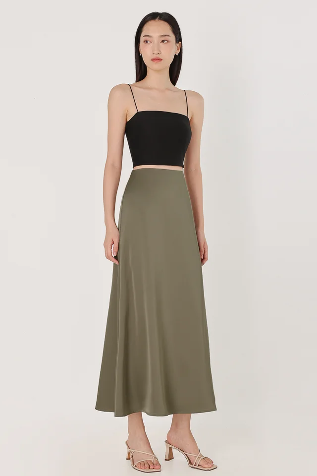 GIOVANNI SATIN BIAS CUT MAXI SKIRT - PETITE (OLIVE GREEN)