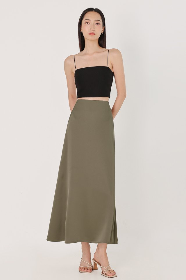 GIOVANNI SATIN BIAS CUT MAXI SKIRT - PETITE (OLIVE GREEN)