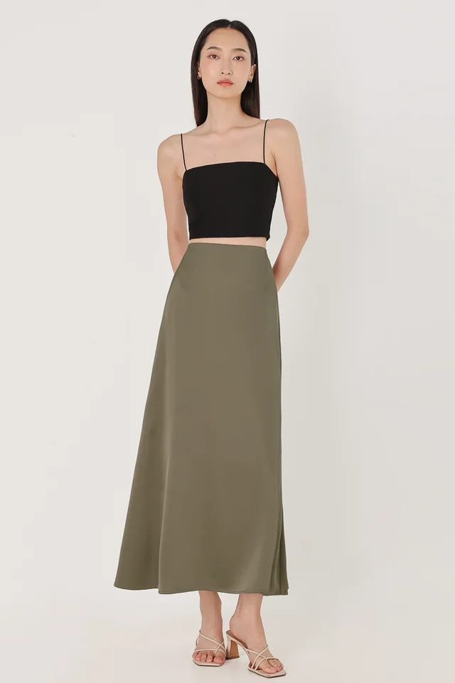 GIOVANNI SATIN BIAS CUT MAXI SKIRT - PETITE (OLIVE GREEN)