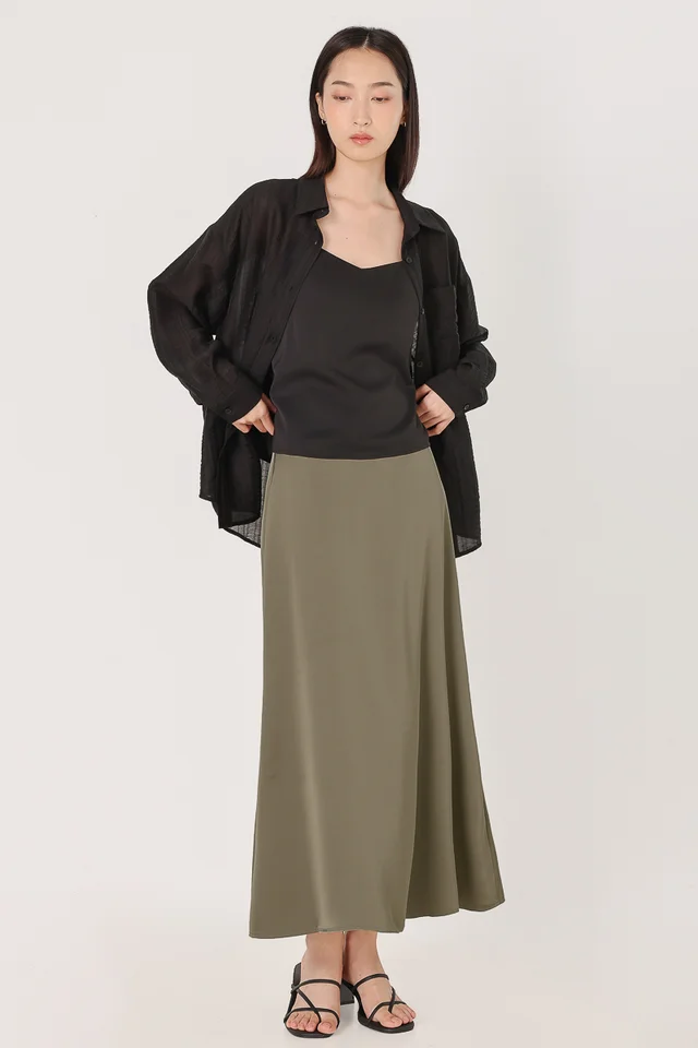 GIOVANNI SATIN BIAS CUT MAXI SKIRT - REGULAR (OLIVE GREEN)