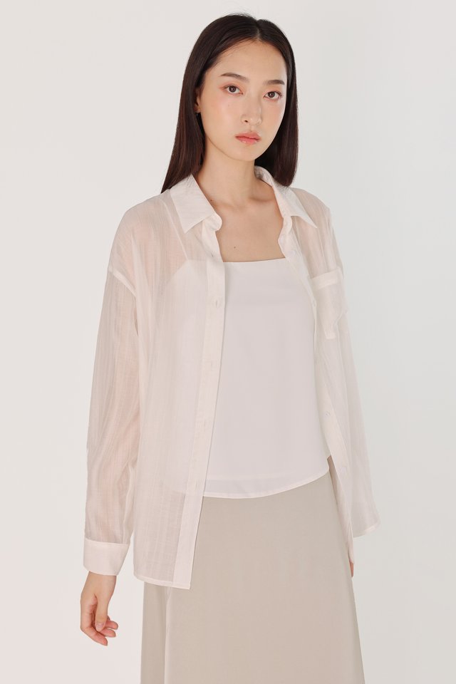 ARINA TEXTURED SHEER POCKET BUTTON UP SHIRT (WHITE)