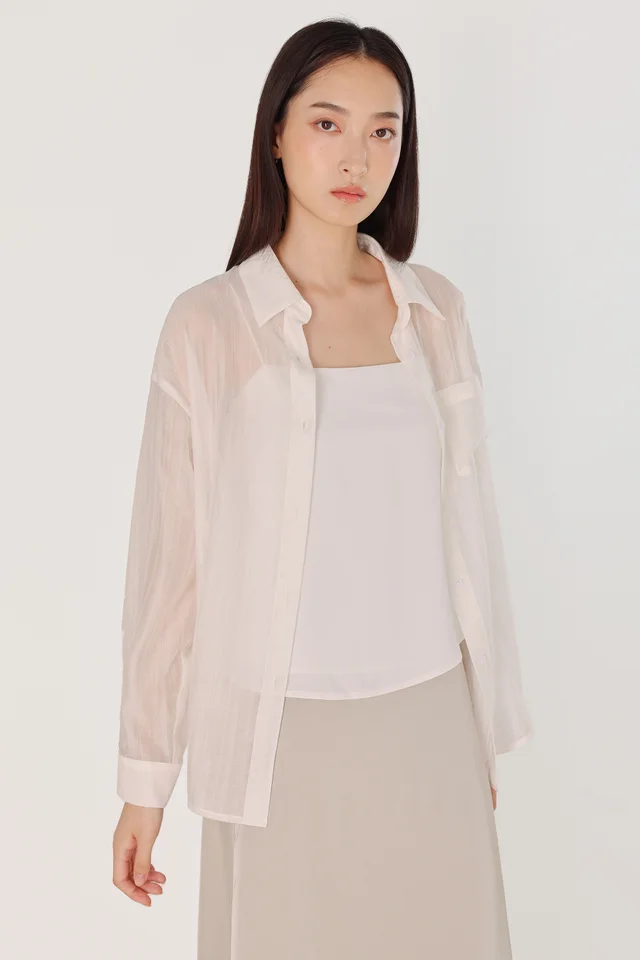 ARINA TEXTURED SHEER POCKET BUTTON UP SHIRT (WHITE)