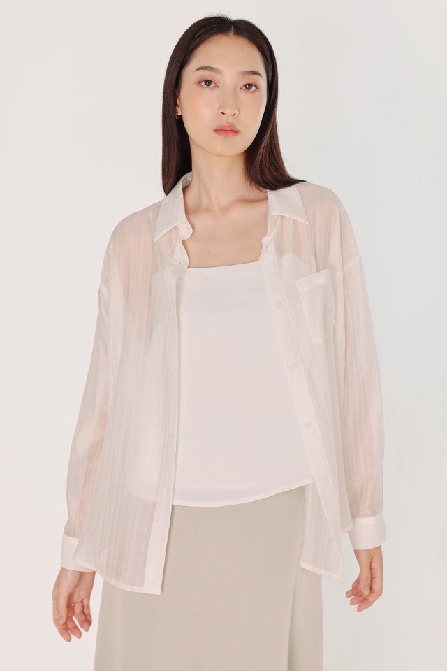 ARINA TEXTURED SHEER POCKET BUTTON UP SHIRT (WHITE)