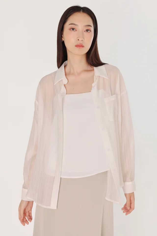 ARINA TEXTURED SHEER POCKET BUTTON UP SHIRT (WHITE)
