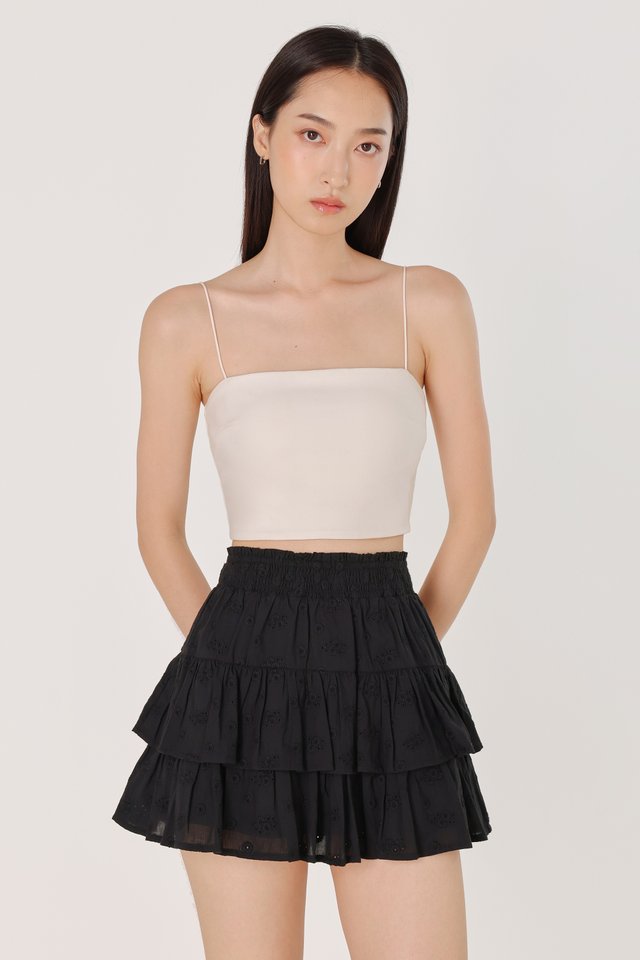 MIDORI EYELET SMOCKED WAIST RUFFLE SKORTS (BLACK)