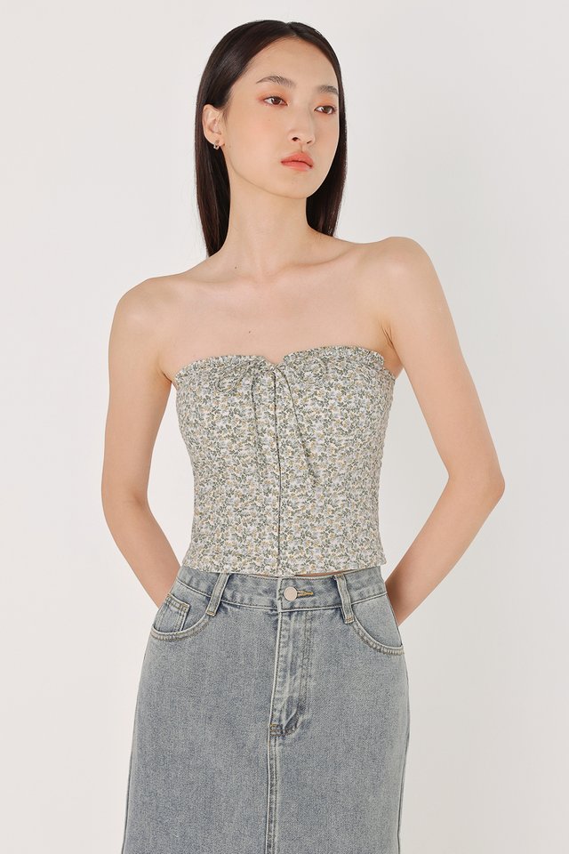 ELLERY PADDED LINEN CORSET RIBBON TUBE TOP (FLORAL)