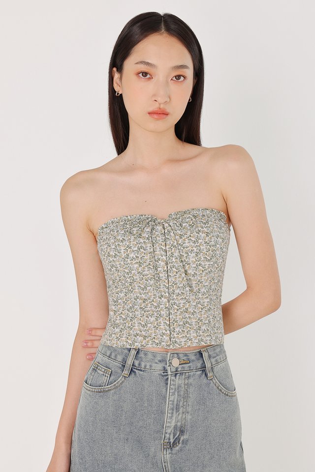 ELLERY PADDED LINEN CORSET RIBBON TUBE TOP (FLORAL)