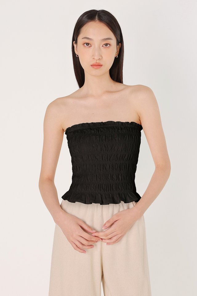 SADIE PADDED LINEN SMOCKED TUBE TOP (BLACK)