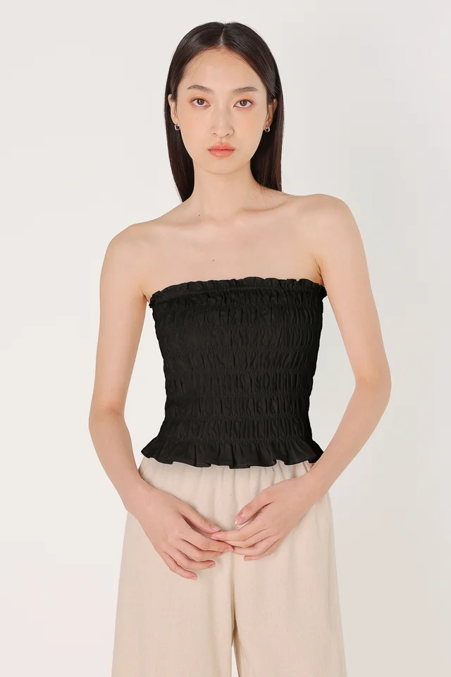 SADIE PADDED LINEN SMOCKED TUBE TOP (BLACK)