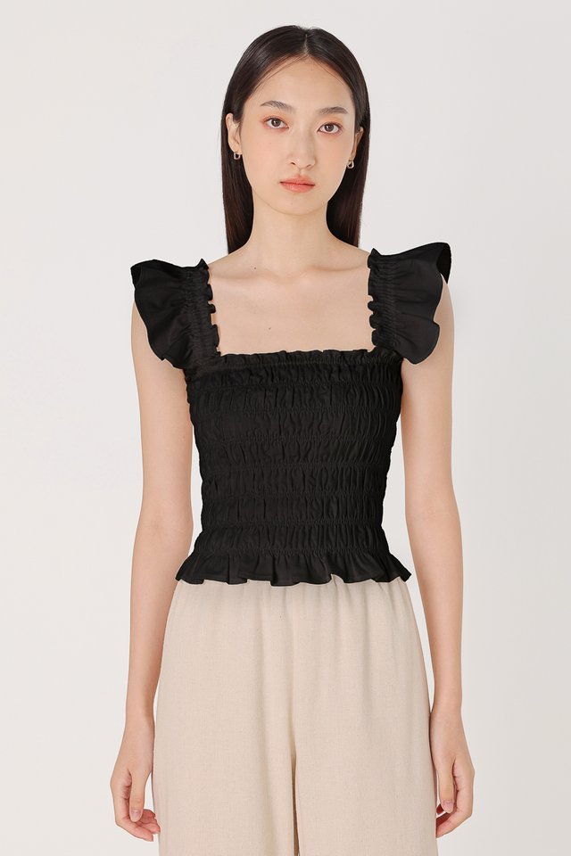 SADIE PADDED LINEN SMOCKED TUBE TOP (BLACK)