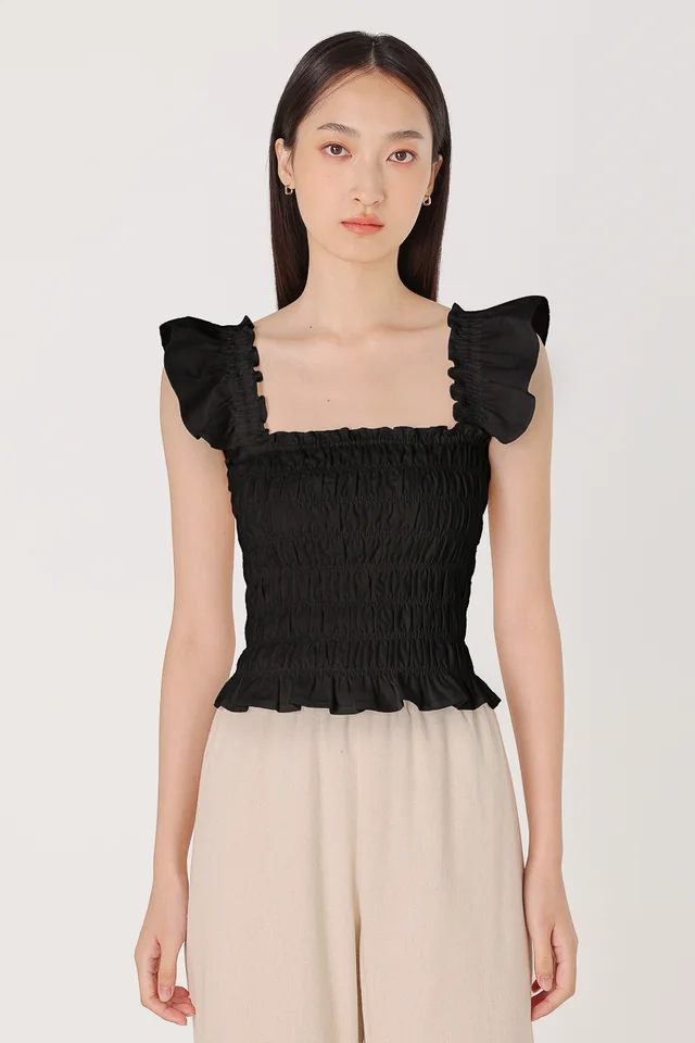 SADIE PADDED LINEN SMOCKED TUBE TOP (BLACK)
