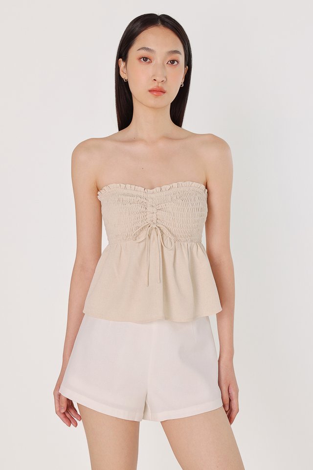 AURELIE PADDED LINEN SMOCKED DRAWSTRING TUBE TOP (NATURAL)
