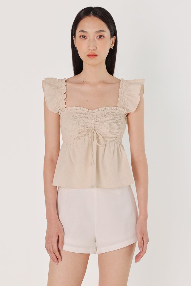 AURELIE PADDED LINEN SMOCKED DRAWSTRING TUBE TOP (NATURAL)