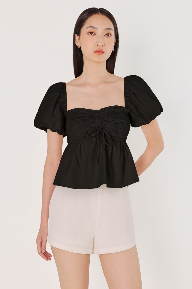 AURELIE PADDED LINEN SMOCKED DRAWSTRING TUBE TOP (BLACK)