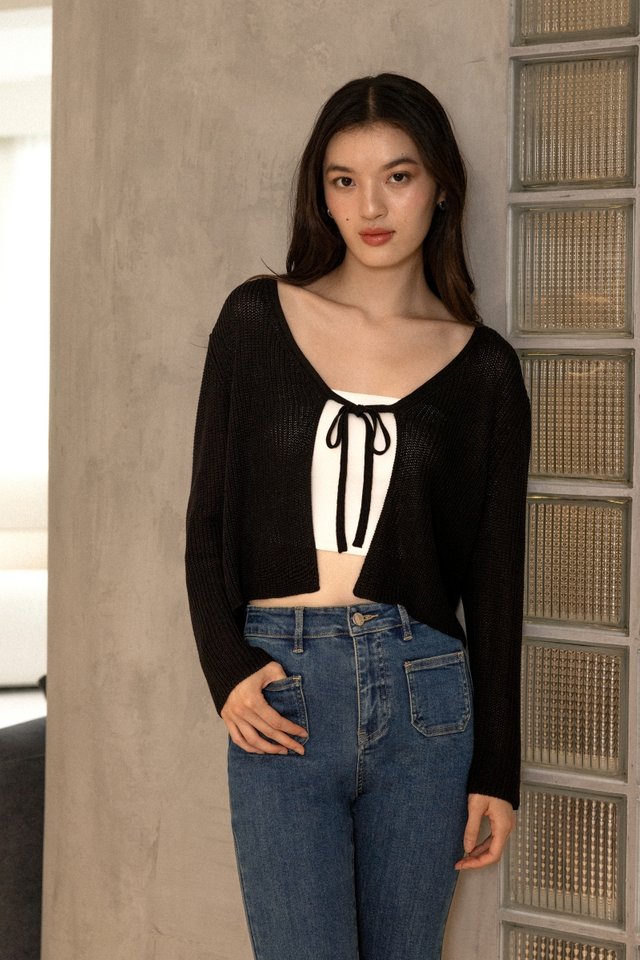 BONNIE RIBBON-TIE POINTELLE KNIT CARDIGAN (BLACK)