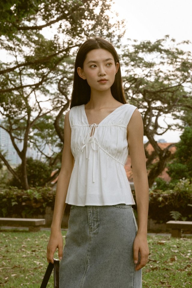 JONIE LINEN RUCHED FRONT RIBBON-TIE TOP (WHITE)