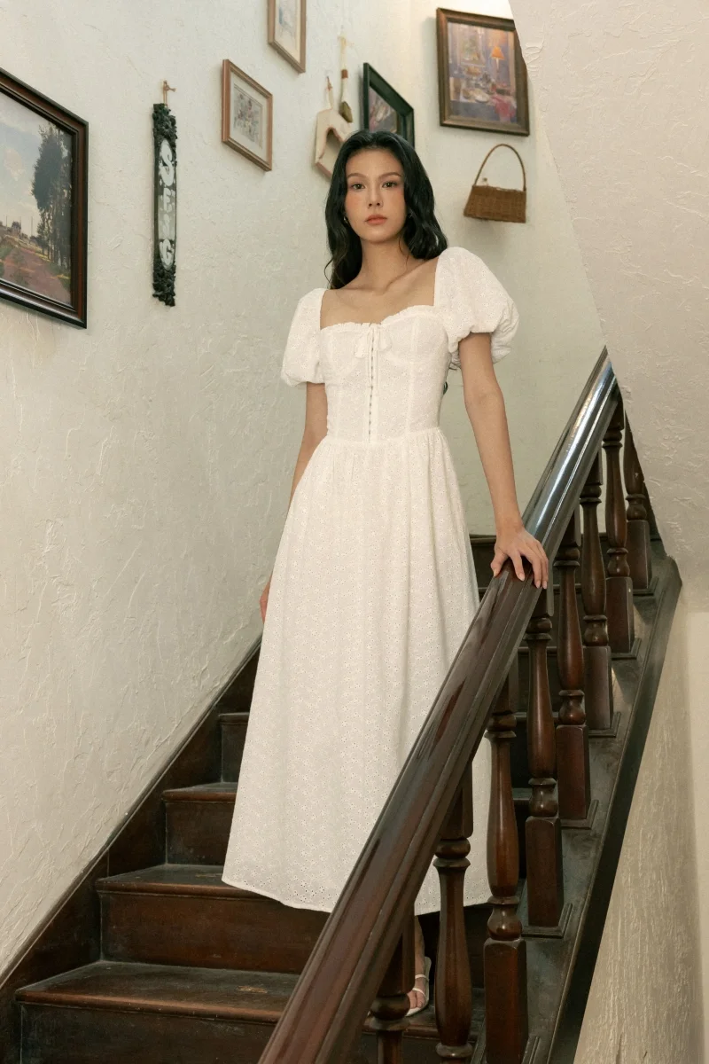 LEIGH PADDED LINEN CORSET RIBBON TUBE MIDAXI DRESS (EYELET) | Lovet