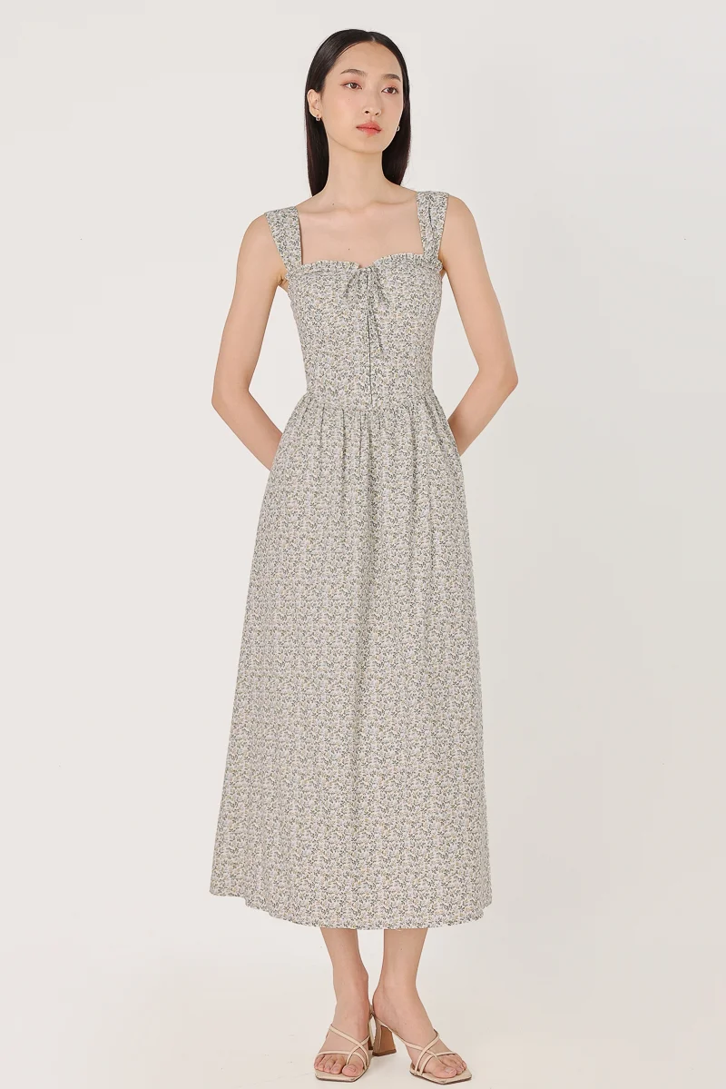 LEIGH PADDED LINEN CORSET RIBBON TUBE MIDAXI DRESS (FLORAL) | Lovet