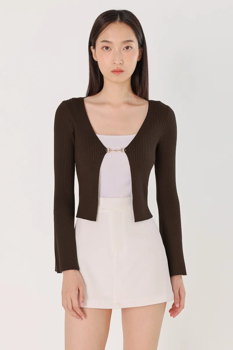 FIO FLARE SLEEVE FRONT BUCKLE KNIT CARDIGAN (ESPRESSO) | Lovet