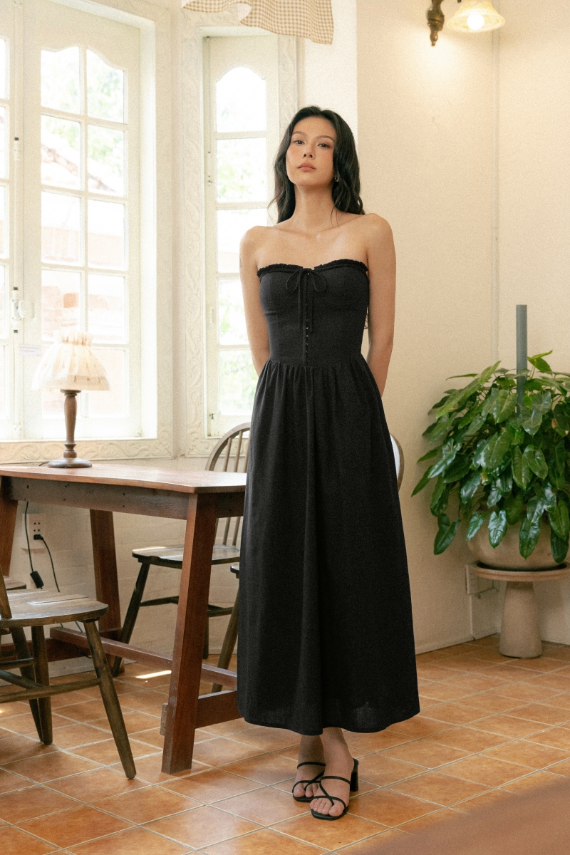 LEIGH PADDED LINEN CORSET RIBBON TUBE MIDAXI DRESS (BLACK) | Lovet