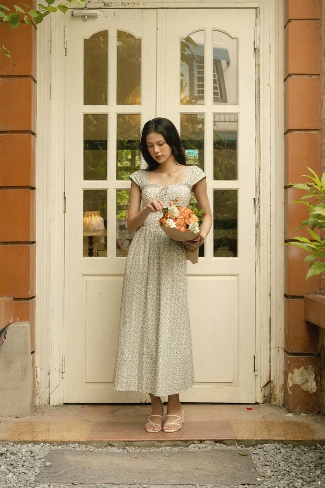 LEIGH PADDED LINEN CORSET RIBBON TUBE MIDAXI DRESS (FLORAL)