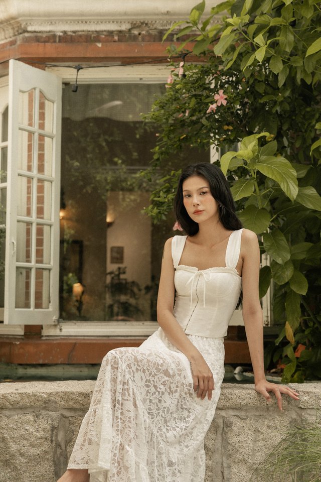 ELLERY PADDED LINEN CORSET RIBBON TUBE TOP (WHITE)