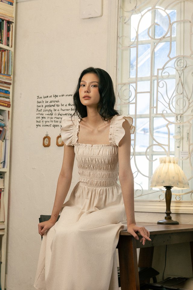 CASSAN PADDED LINEN RUCHED TUBE MIDAXI DRESS (NATURAL)